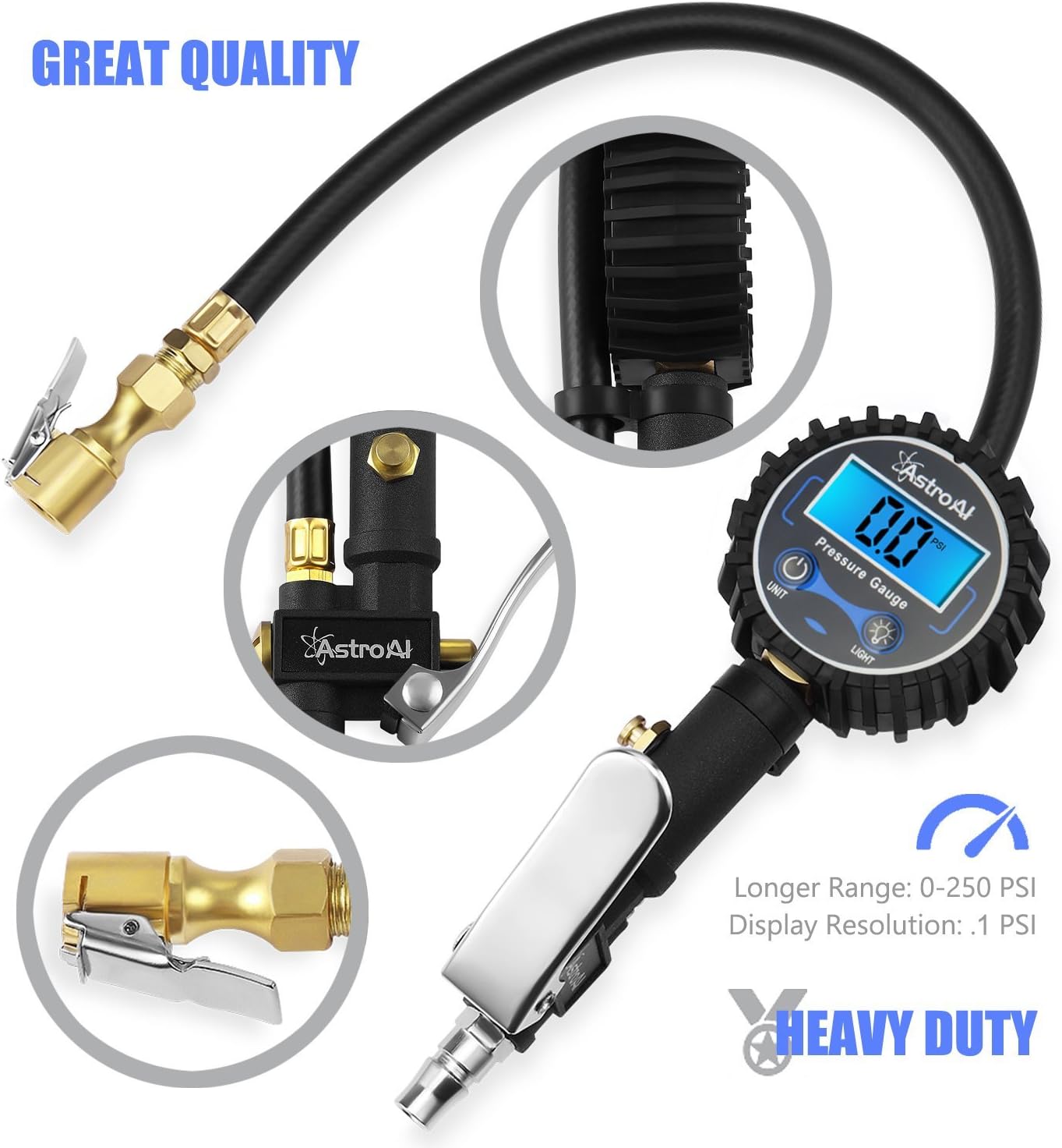 AstroAI Digital Tire Inflator with Pressure Gauge, 250 PSI Air Chuck and Compressor Accessories Heavy Duty with Rubber Hose and Quick Connect Coupler for 0.1 Display Resolution: Automotive