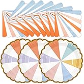 50PCS Colorful Striped Paper Plates and Napkins Party Supplies, 7 inch Disposable Gold Foil Scalloped Dessert Plate Pastel Party's Favors for Birthday Wedding Bachelorette Candy Party Decorations