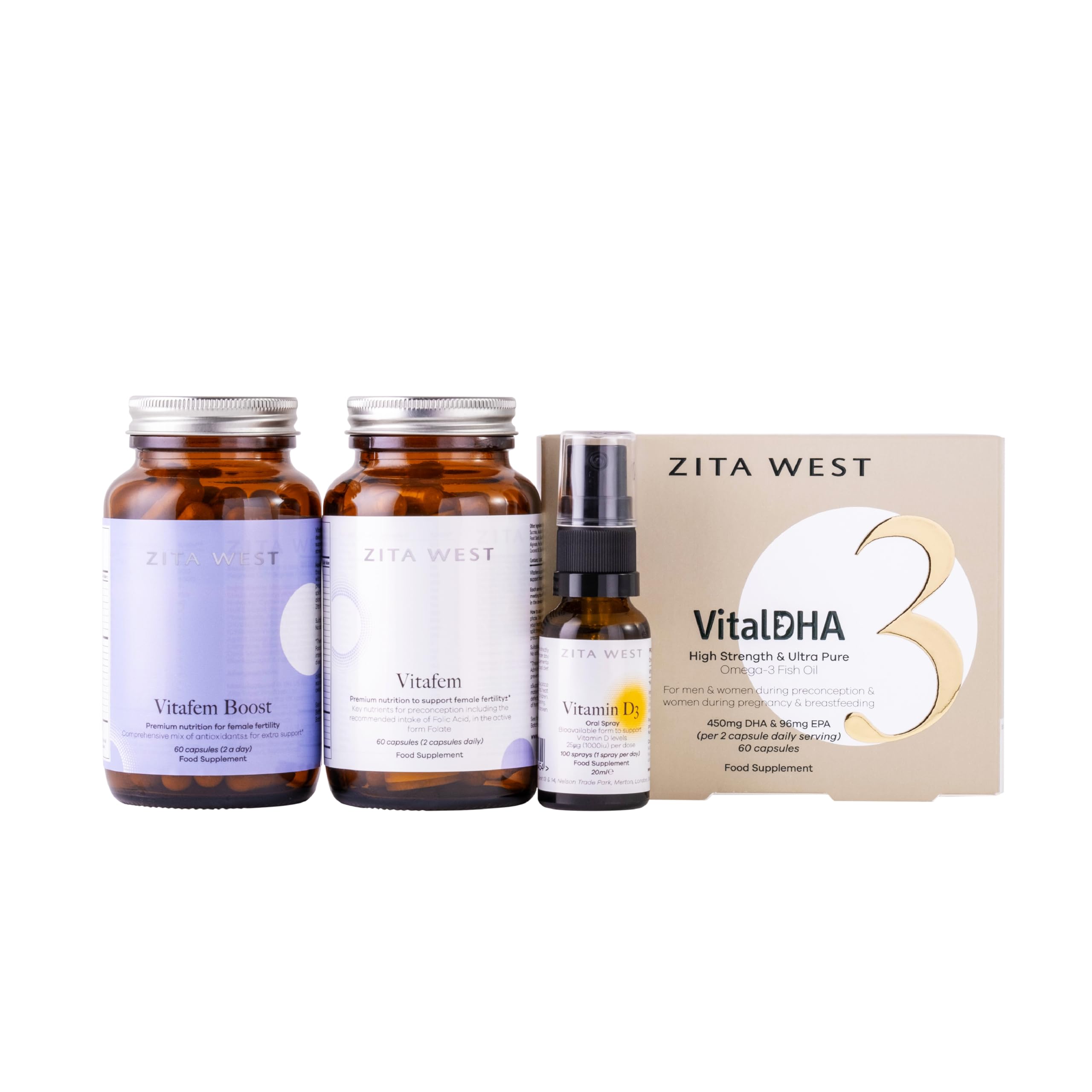 Zita West IVF Nutritional Support Pack for Women Going Through IVF Including Vital DHA,Vitamin D3 Spray, Vitafem, One Months Supply, Three Months Supply of Vitamin D