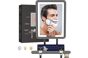 DeLanges LED Fogless Shower Mirror for Shaving - Heated Fog Free, 3 Dimmable Lights, 360° Adjustable, Rechargeable - with Storage Tray, Razor & Shaving Brush Holders, Gifts for Men