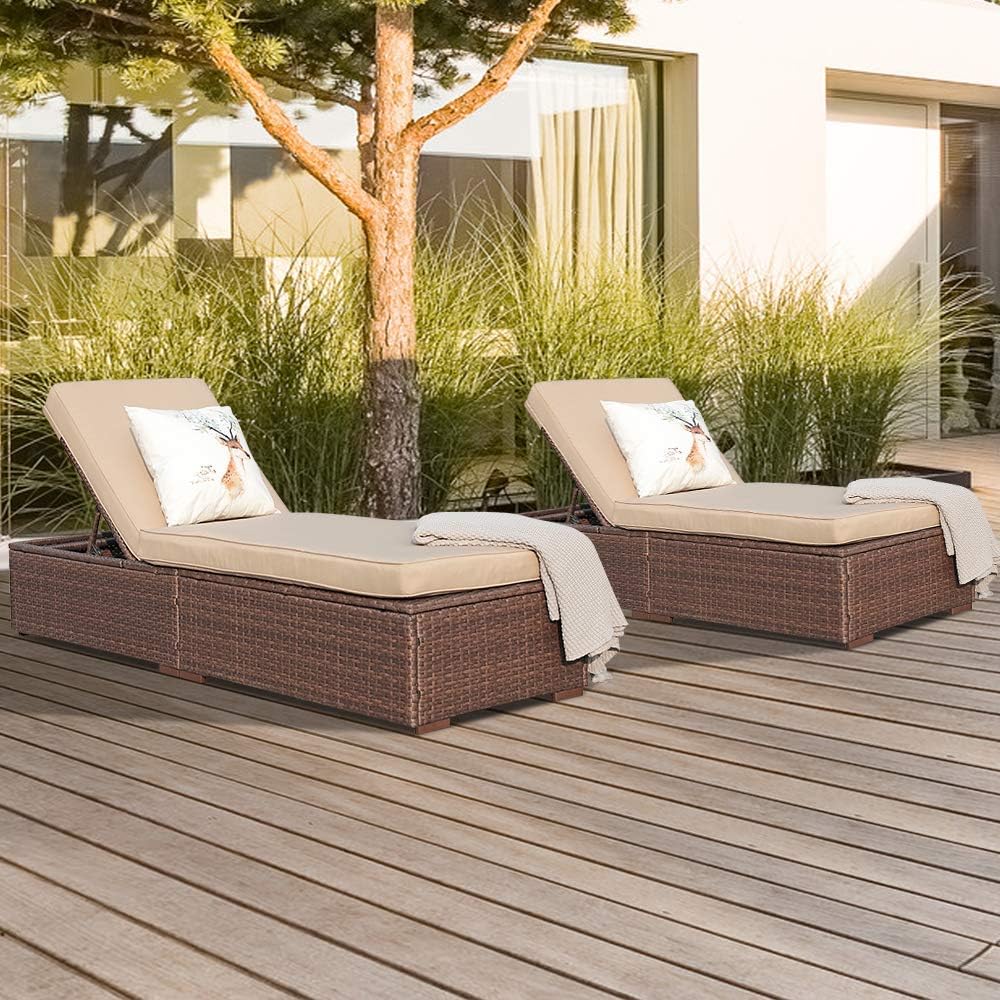 Amazon Com Super Patio Outdoor Chaise Lounge Chair Pe Brown Wicker Rattan Adjustable Pool Lounge Chair Steel Frame With Removable Cushions Beige Set Of 2 Garden Outdoor