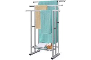 KAYFIA 40" Tall Freestanding Towel Racks for Bathroom, 3 Tier Floor Towel Rack with Storage Basket, Blanket Ladder Drying and Display Rack for Large Bath & Hand Towel Outdoor Poolside (Silver)