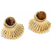 Tiger Eye Earrings for Women, 18K Gold Plated Chunky Statement Earrings, Vintage Fan - Shaped Fashion Jewelry