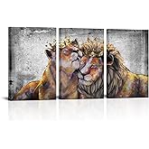 VANSEEING 3 Pieces Animal King Queen Canvas Wall Art Lion and Lioness with Crown Grey and Gold Romantic Couple Artwork for Bedroom Modern Home 16x24inchx3pcs