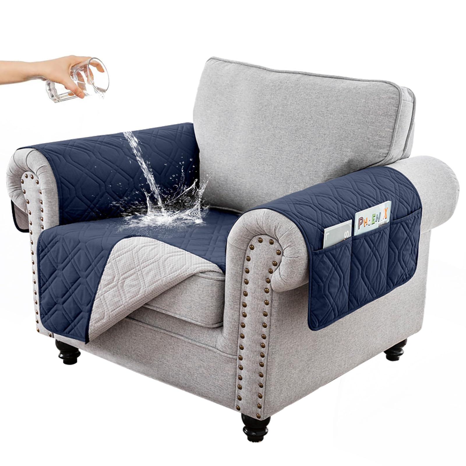 RAPRAP 100% Waterproof Armchair Cover with Side Pockets, Washable Anti-slip Chair Cover for Single Sofa Couch, Furniture Protector Cover for Pets Children Dog Cat, Navy Blue,1 Seater