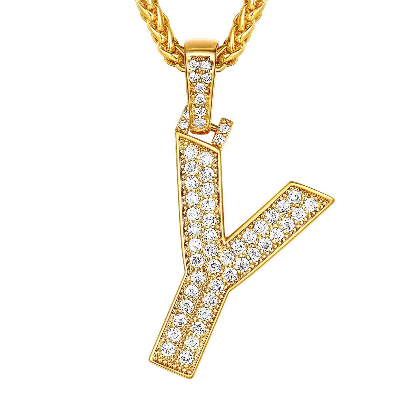 Suplight Necklace Initial Y, Bling Hip Hop Jewelry, Gold Plated Micro Pave Cubic Zirconia A-Z Alphabet Letter Pendant Necklace for Men Boys