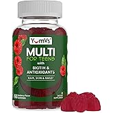 YumVs Teen Multivitamin Gummies with Biotin and Antioxidants - Raspberry Flavor - Hair Skin Nails Support - Kosher Teenager Vitamins for Boys and Girls 12-17 - Teen Gummy Multi Vitamin (60 Count)