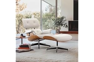 WOWT Top White PU Leather, Mid Century Chaise Lounge Chair and Ottoman, Modern Chair Classic Design, Walnut Wood, Heavy Duty Base Support for Living Room Office