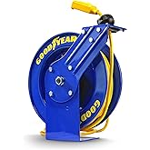 Goodyear Extension Cord Reel Retractable 14AWG x 100' Feet 3C SJTOW Cable Triple Tap Connector Power Rating 125 Volt AC 13 Amp 1625 Watt Industrial Steel Single Arm