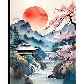 SAKURA CHERRY BLOSSOMS SUMMER-Vintage Japanese Village-COMPOSITION NOTEBOOK-7.5x9.25(Wide Rule)-Diary Journal Sketch Asian Art GIFT: ֍ BACK TO SCHOOL ... - 4 Seasons in Sumi E Watercolor Style)