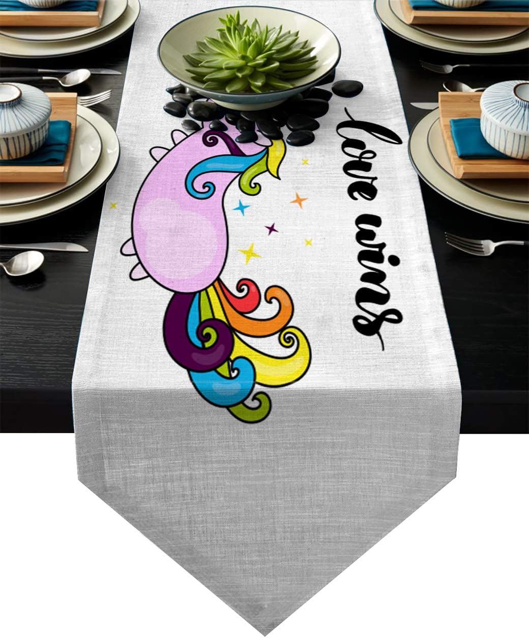 Fandim Fly Table Runner Rainbow Unicorn Cartoon Animal Love Wing Table Runners for Catering Events, Dinner Parties, Wedding, Indoor and Outdoor Parties, 16 x 72 Inch