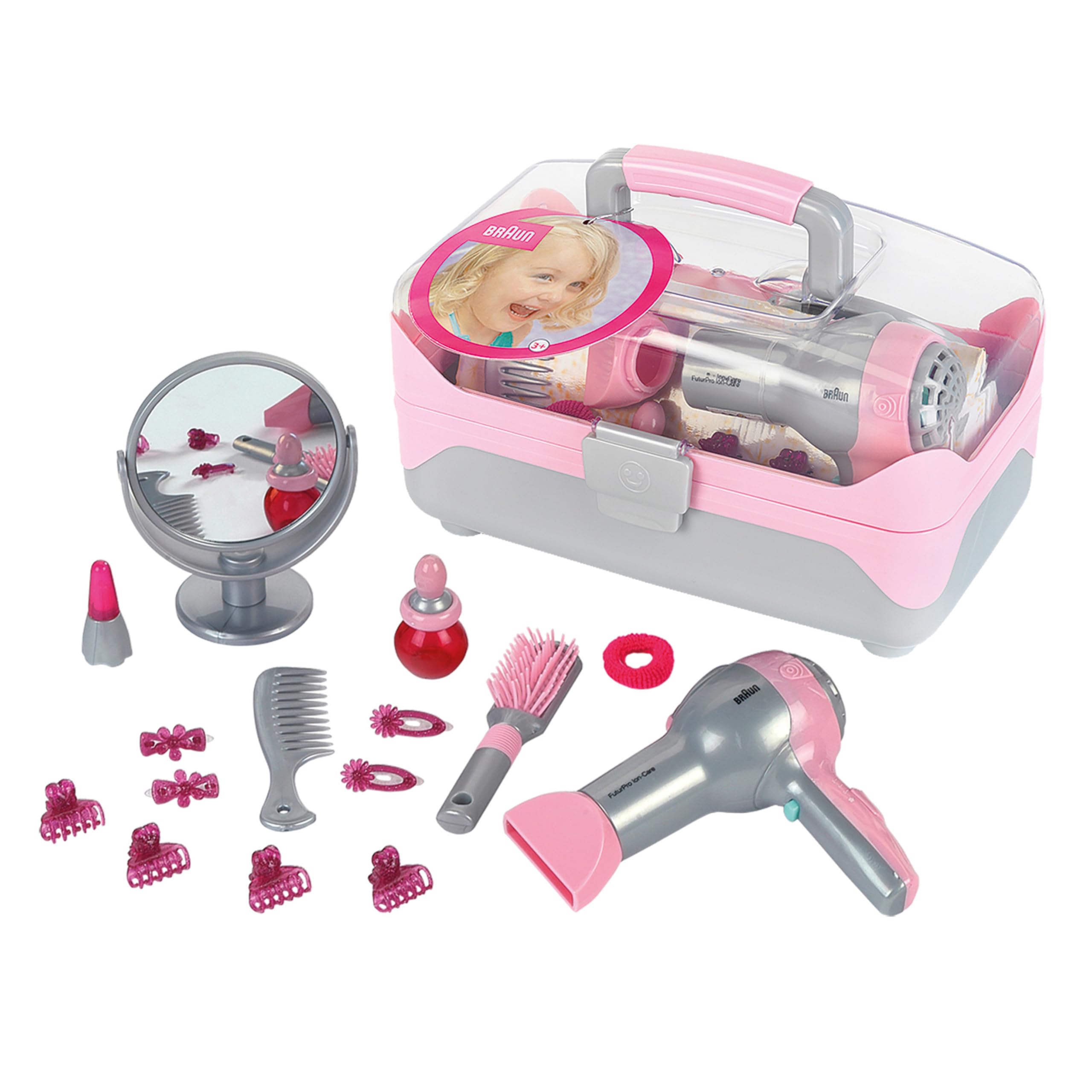 Theo Klein 5862 Braun Hairdresser's Case I With battery-powered hairdryer I Lots of hairdressing and styling accessories I Toy for children aged 3 years and up