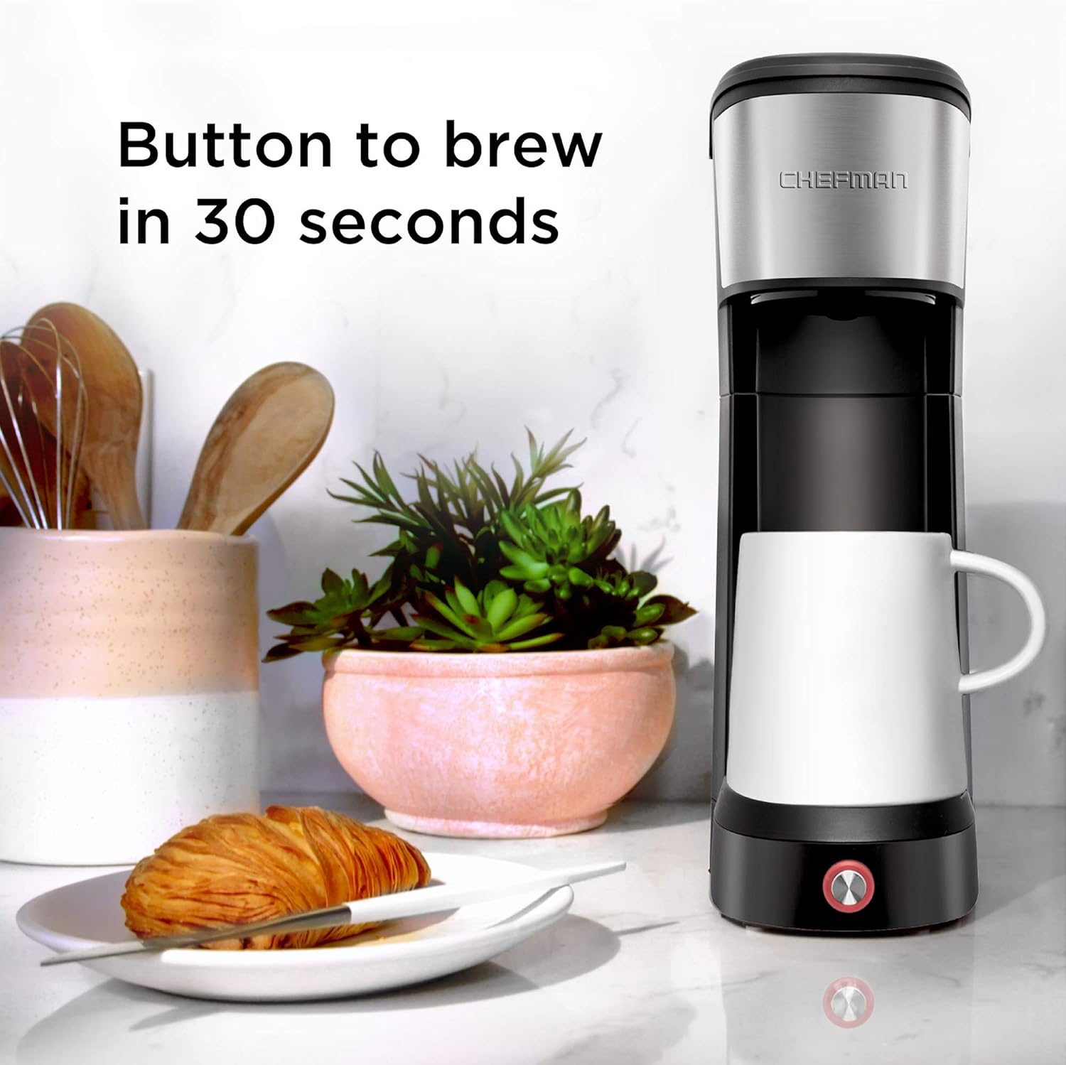 Chefman InstaCoffee Single Serve Coffee Maker Brews in 30 Seconds, Compatible with K-Cup Pods, Grounds and Loose-Leaf Tea w/ Reusable Filter, Compact 14 oz, Black/Stainless Steel, Mug Not Included: Kitchen & Dining