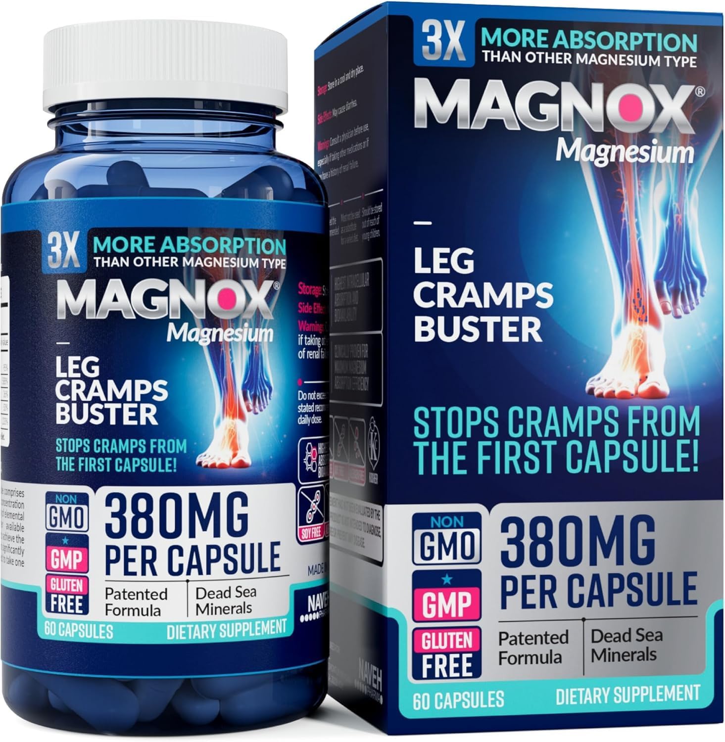 MAGNOX® Buster | Patented Clinically Tested 380mg Magnesium Supplement for Spasms & Leg Cramps at Night | One Capsule a Day for Almost Full Dosage | 3X More Absorption | Dead Sea Minerals (60 Caps)