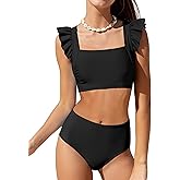 ZAANTI Girls 2 Piece Swimsuit Square Neck Ruched Ruffle Trim Bikini Sets Adjustable Straps Bathing Suit for Teen Girls 9-16Y