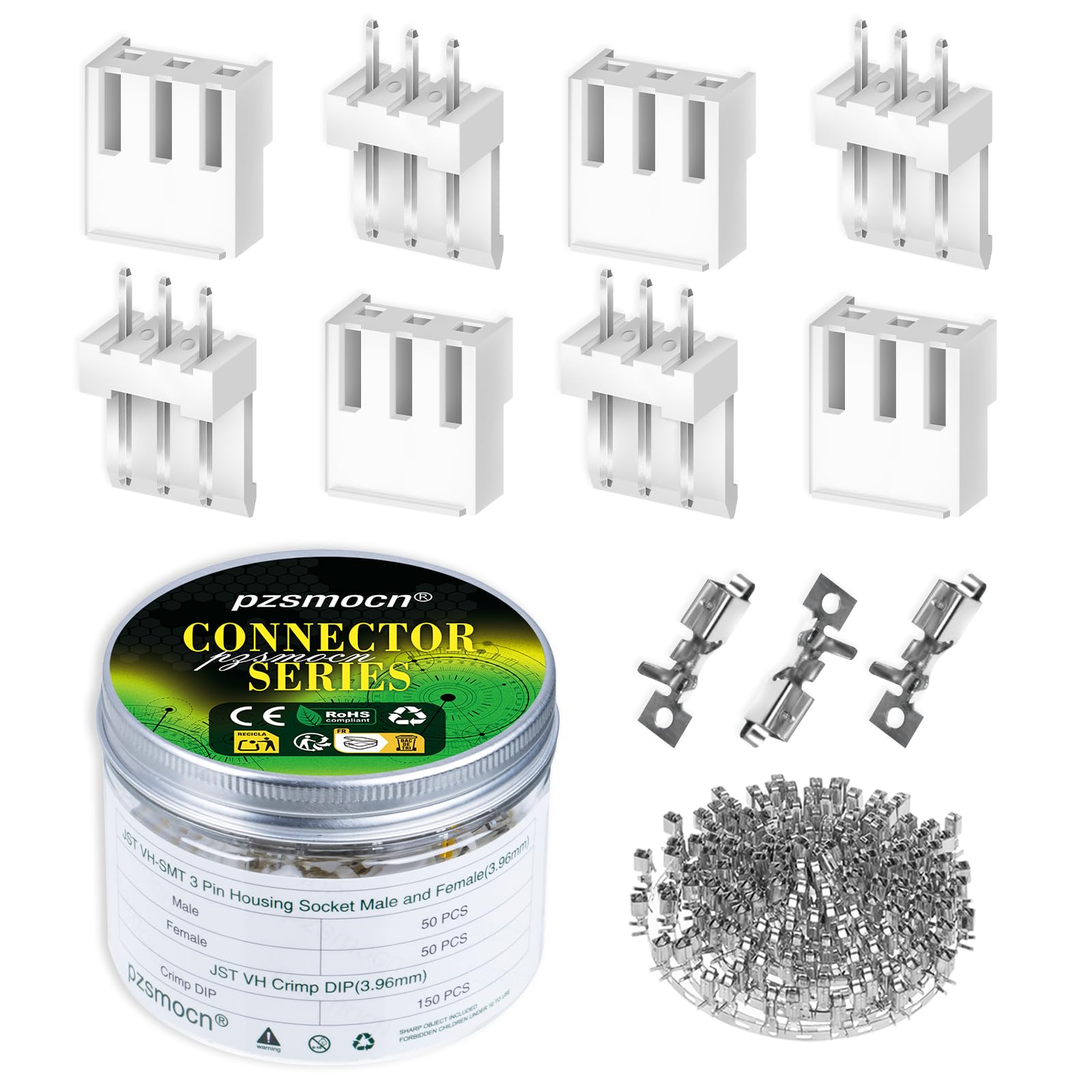 pzsmocn 250 Pieces / 50 Sets JST VH 3.96 mm Pitch 3 Pin Female Housing and Male Adapter Connector Plug Socket Terminal Wires Cables 24-18 AWG Assembly, Header Crimp Pins Kit