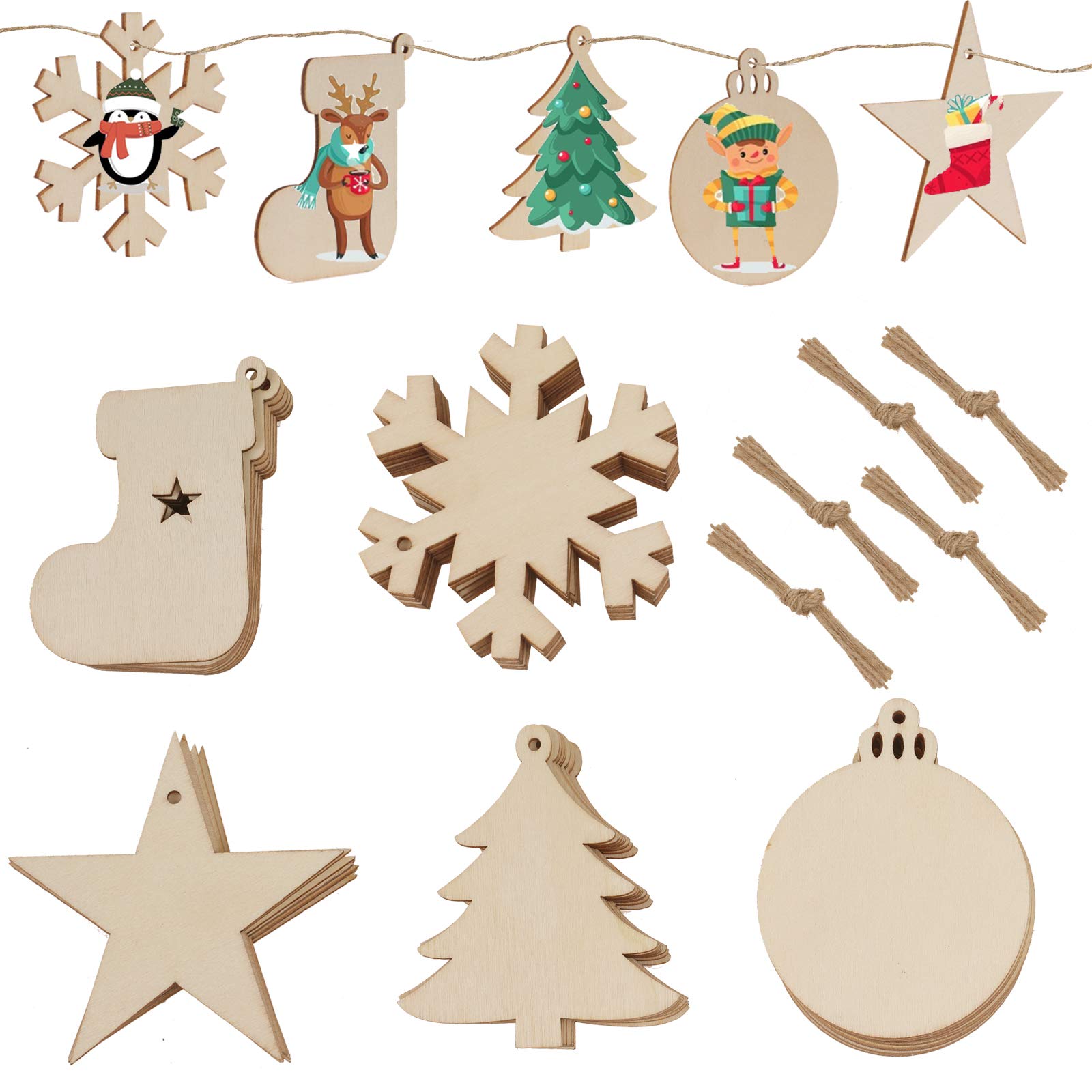 JUYOO 50PCS Wooden Christmas Tree Decoration Set - Wooden Ornaments: Round Wood Slices, Wood Snowflake, Star, Tree Socks with 60 Pcs Rope, 5 Styles
