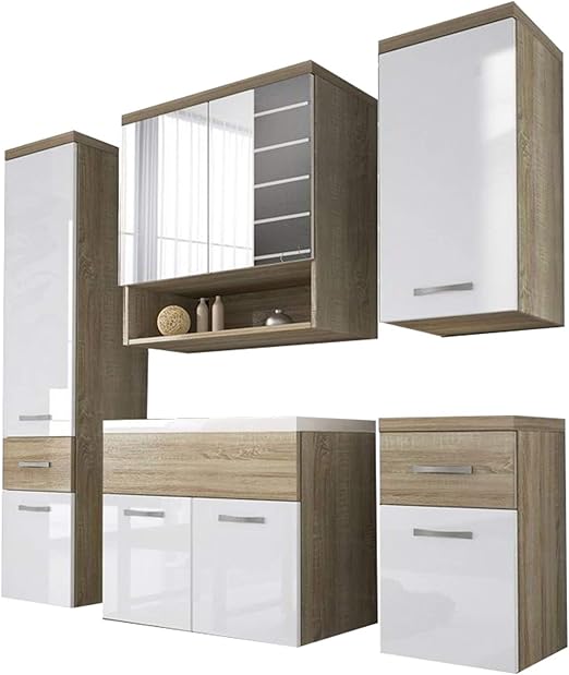 Badmobel Set Bella Ii Mit Waschbecken Und Siphon Modernes Badezimmer Komplett Spiegel Waschtisch Hochschrank Hangeschrank Mobel Eiche Sonoma Eiche Sonoma Weiss Hochglanz Amazon De Kuche Haushalt