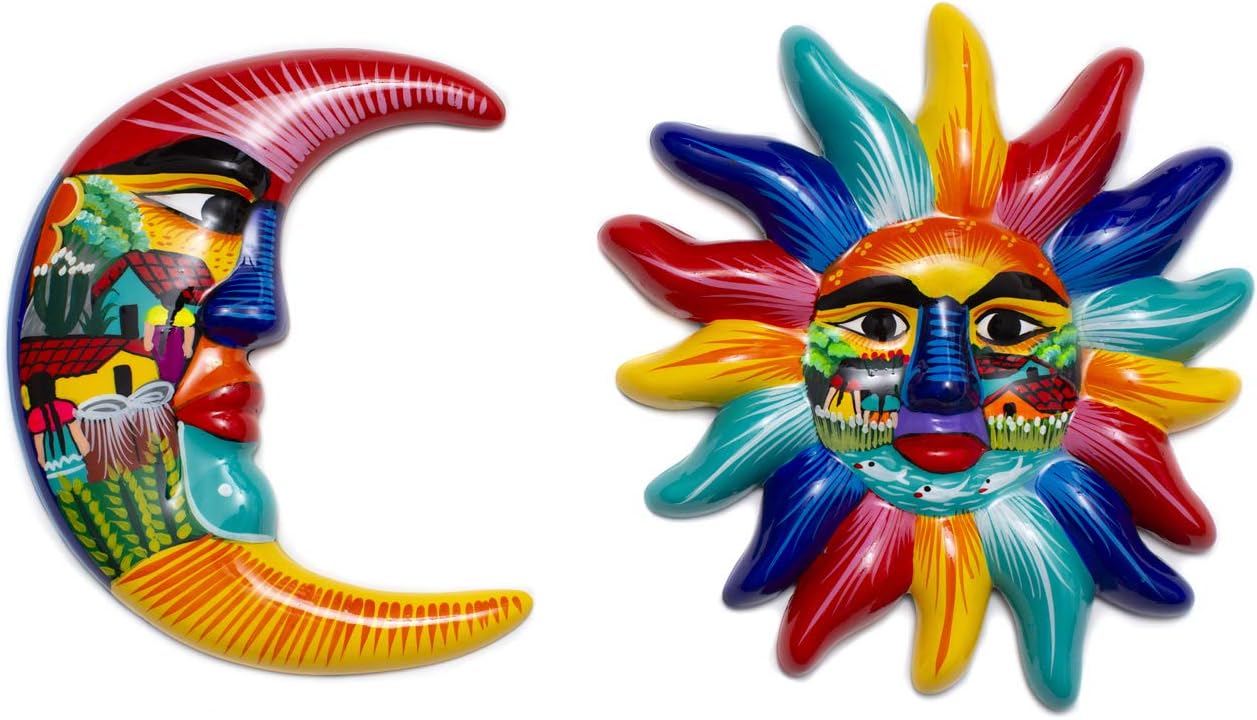 Plaques & Wall Art - Blue Hand Painted Authentic Mexican Sun and Moon Wall Decor, Patio Wall Decorations, Summer Wall Ceramic Decor, Moon Decor, Mexican Art for Home and Garden Talavera, Outdoor Wall Art 12 inches