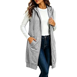 JOAU Women's Sleeveless Zip Up Hooded Vest Oversized Long Tunic Sweatshirts | Soft Breathable Women Long Hoodies, Adjustable