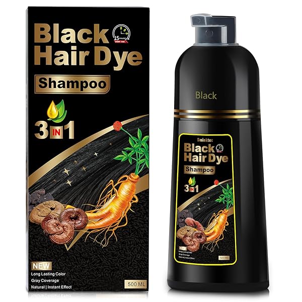 HAIR DYE SHAMPOO 3 IN 1, HERBAL SHAMPOO HAIR DYE FOR WOMEN MEN, GREY COVERAGE SHAMPOO 500ML (BLACK)