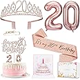 20th Birthday Decorations for Women, Birthday Sash and Crown, Cake Topper and Candles, Pop Up Card, Number Balloons, 20th Birthday Gifts for Women, 10pcs