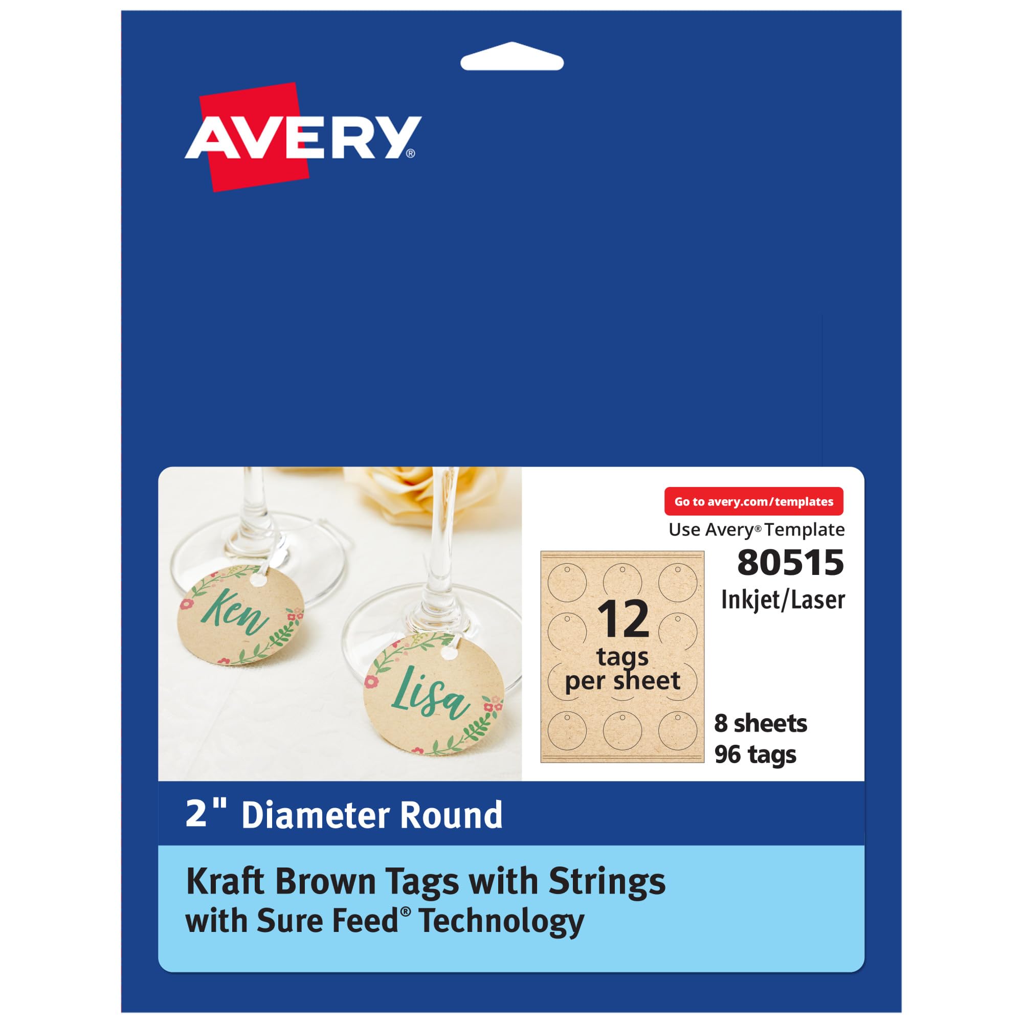 Photo 1 of Avery Kraft Brown Round Tags, Sure Feed Technology, 2" Diameter, Printable on Both Sides, Includes Strings, 96 Total (80515)