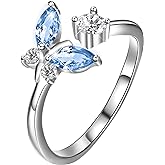 AOBOCO Sterling Silver Butterfly Open Adjustable Ring Embellished with Crystal from Austria, Anniversary Birthday Jewelry Gifts for Women Girls, Size 6 7 8 9 10