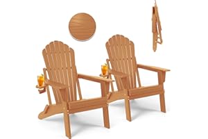Plawdlik Folding Adirondack Chair,SGS Tested,Wooden Textured with Cup Holder,Widened Heavy All-Weather HDPE Comfortable Seating for Ourdoor Teak