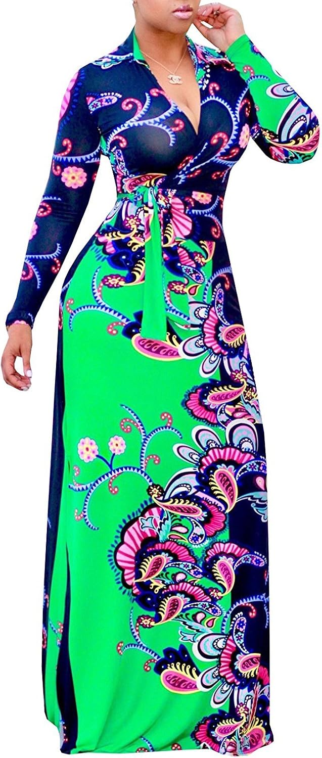 Buy Bestdress Women's Long Sleeve Wrap Prom Party Long Maxi Dress with Belt Large Green at Amazon.in