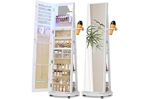 SKKTKT Full Length Mirror with Jewelry Storage, 360° Rotating Jewelry Armoire Organizer with Lights, Lockable Mirror Jewelry Cabinet Standing, Jewelry Mirror Cabinet for Christmas Gifts (White)