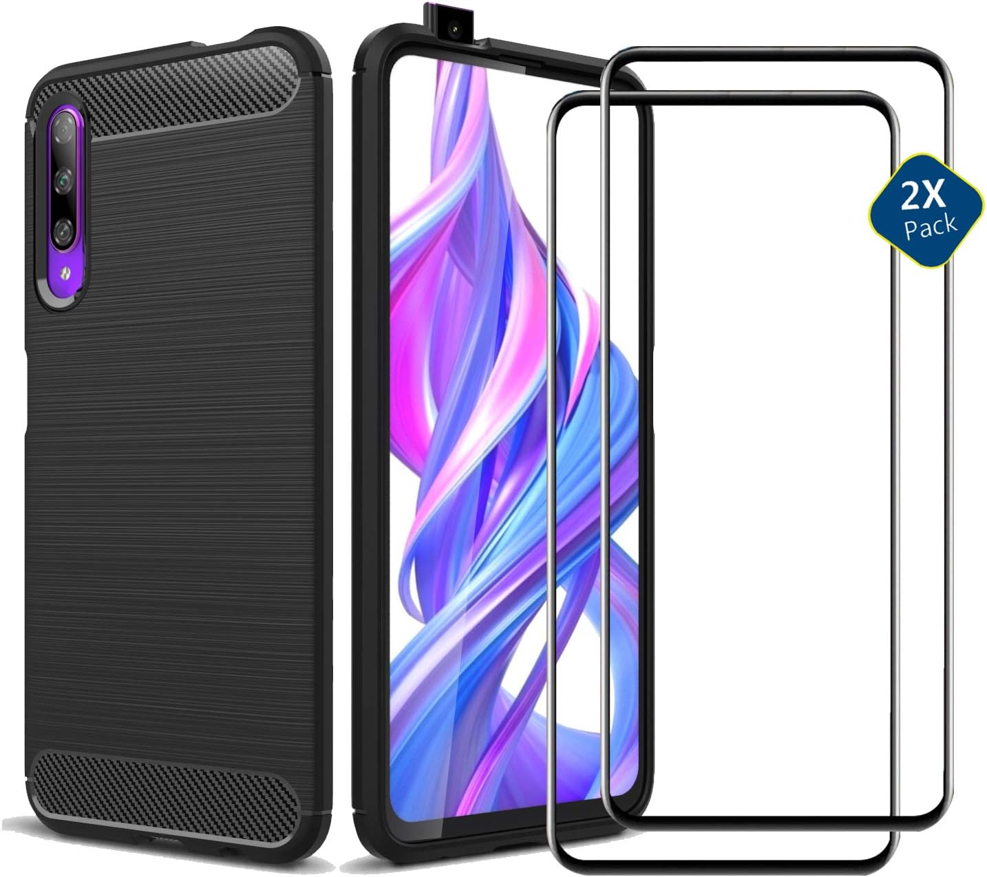 DYIGO Case + 2 Pack Screen Protector Compatible with Huawei Honor 9X Pro/Huawei Y9S/Honor 9X,Brushed texture is easy to grip, anti-fall mobile phone case, ultra-light protective cover(black)