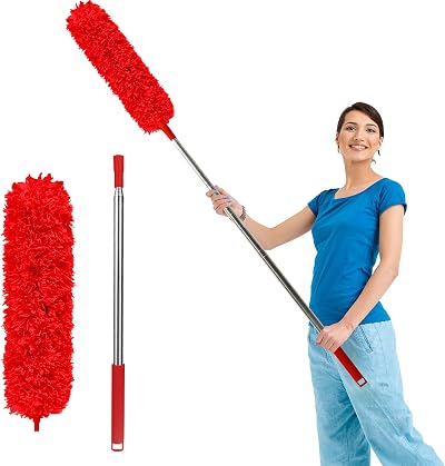 Fogray Extendable Feather Duster with Telescopic Pole Microfiber Bendable Red