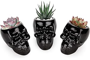 T4U Skull Succulent Planter Pots Set of 3, Gothic Caramic Planter, Creative Plant Lover Gifts for Christmas Birthday House Warming, Cactus Plant Pot Pen Pencil Holder for Home Office Decor, Black