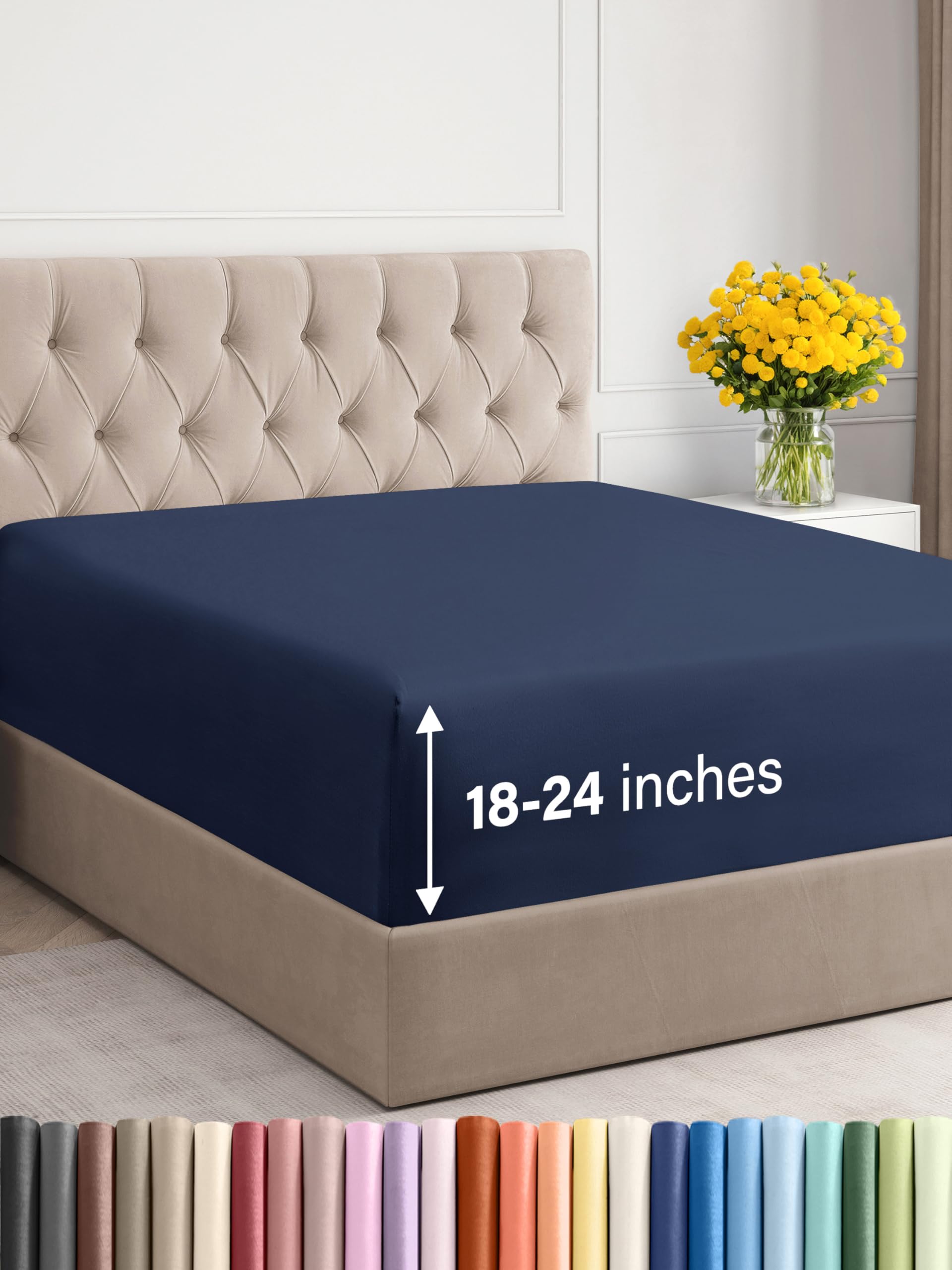 Photo 1 of (USED/FAIR) Extra Deep Cal King Fitted Sheet - Hotel Luxury Single Fitted Sheet Only - Easily Fits 18 inch to 24 inch Mattress - Ultra Soft, Wrinkle Free with Extra Deep Pockets - Breathable & Comfy - Navy Blue