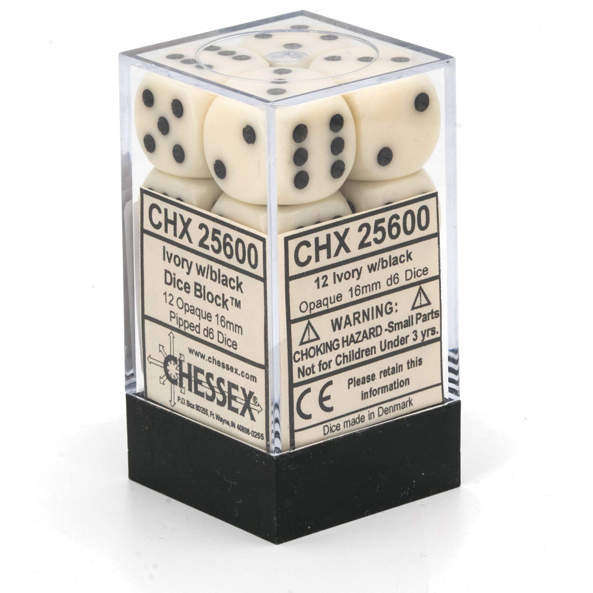 Chessex 25600 Opaque 16mm d6 Dice Block, Ivory and Black