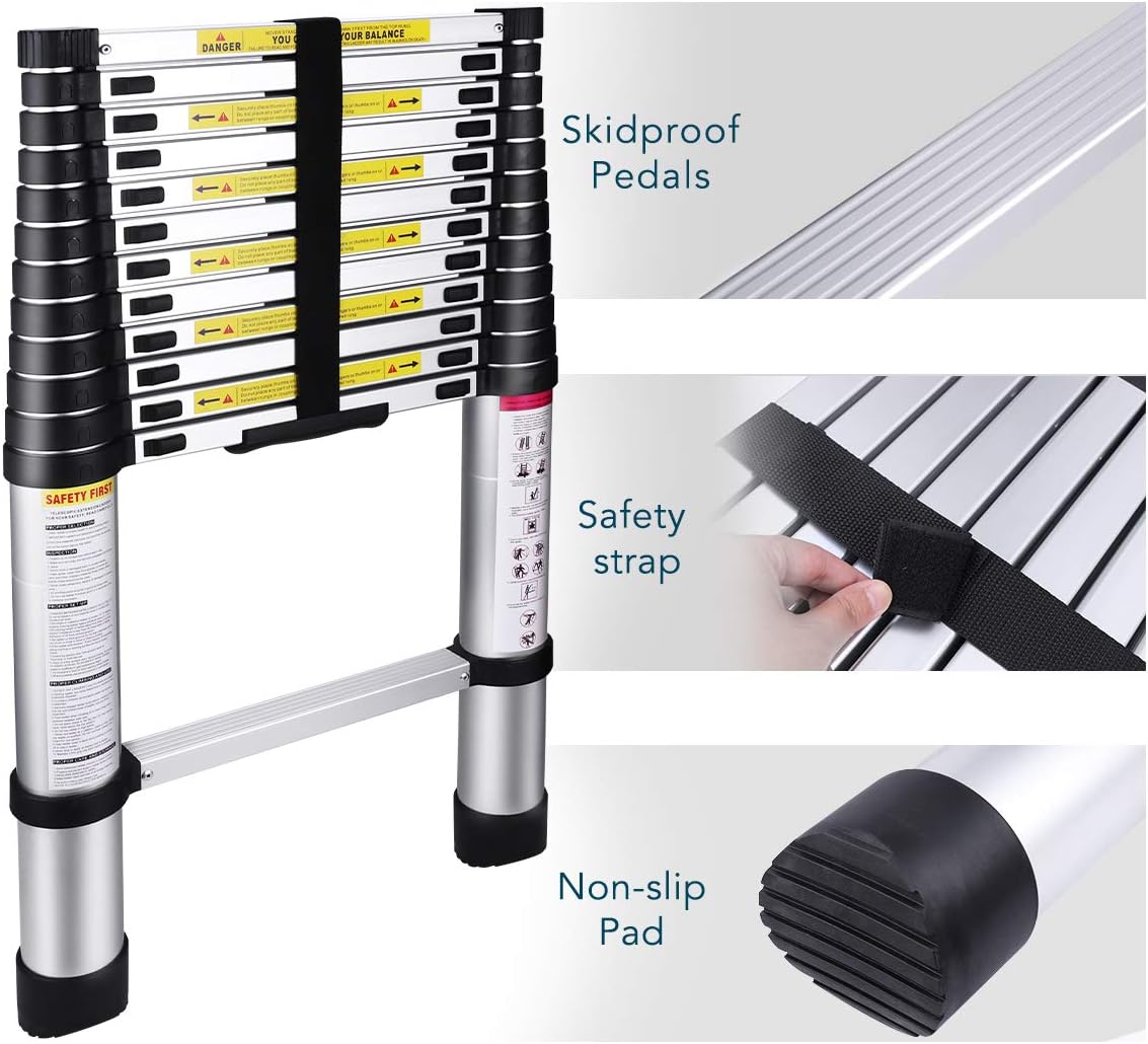 Gimify Telescoping Telescopic Extension Ladder 10.5 FT Aluminum Alloy Extendable Lightweight Ladder Steps Safety for Roofing Business, Household Use, RV Outdoor Work, 330 lbs Capacity - - 