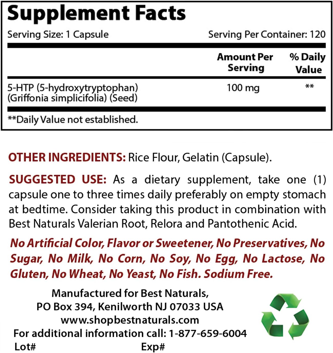 Best Naturals 5-HTP 100 mg 120 Capsules, 120 count (Pack of 1) - Image 3