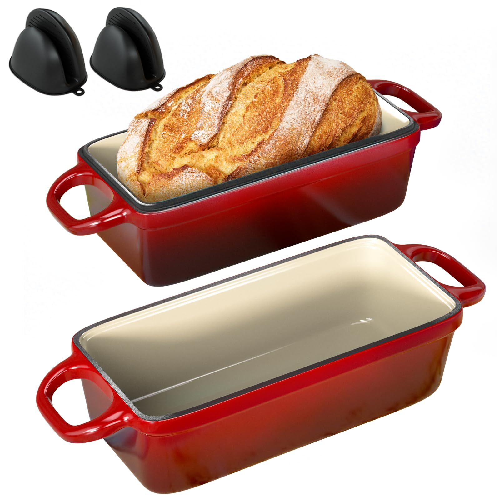 Photo 1 of 2 IN 1 Cast Iron Bread Loaf Pan with Lid, 3.4QT 9x5 Inch Dutch Oven for Bread Baking, Even Heating Bread Oven, Enameled Bread Pan for Homemade Sourdough Bread Baking & Versatile Cooking, Red