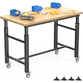 WALMANN Heavy Duty Rolling Adjustable Height Workbench 42" x 20" for Garage | Rubber Wood Top Work Table with Wheels, 2000 lbs Load Capacity