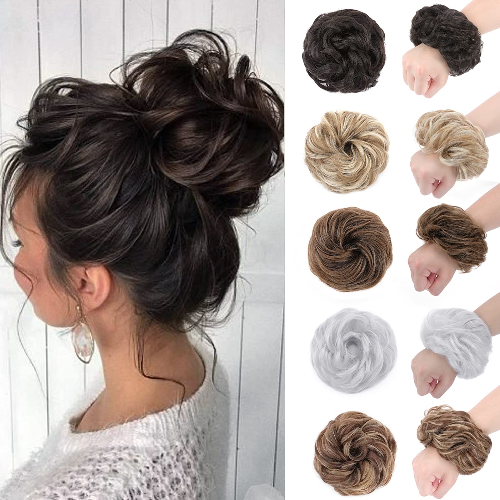 Silk-co Thick Synthetic Hair Bun Extensions Hairpiece Messy Hair Scrunchies for Women Updo ponytail Extensions - Dark Brown Hairpiece 45g