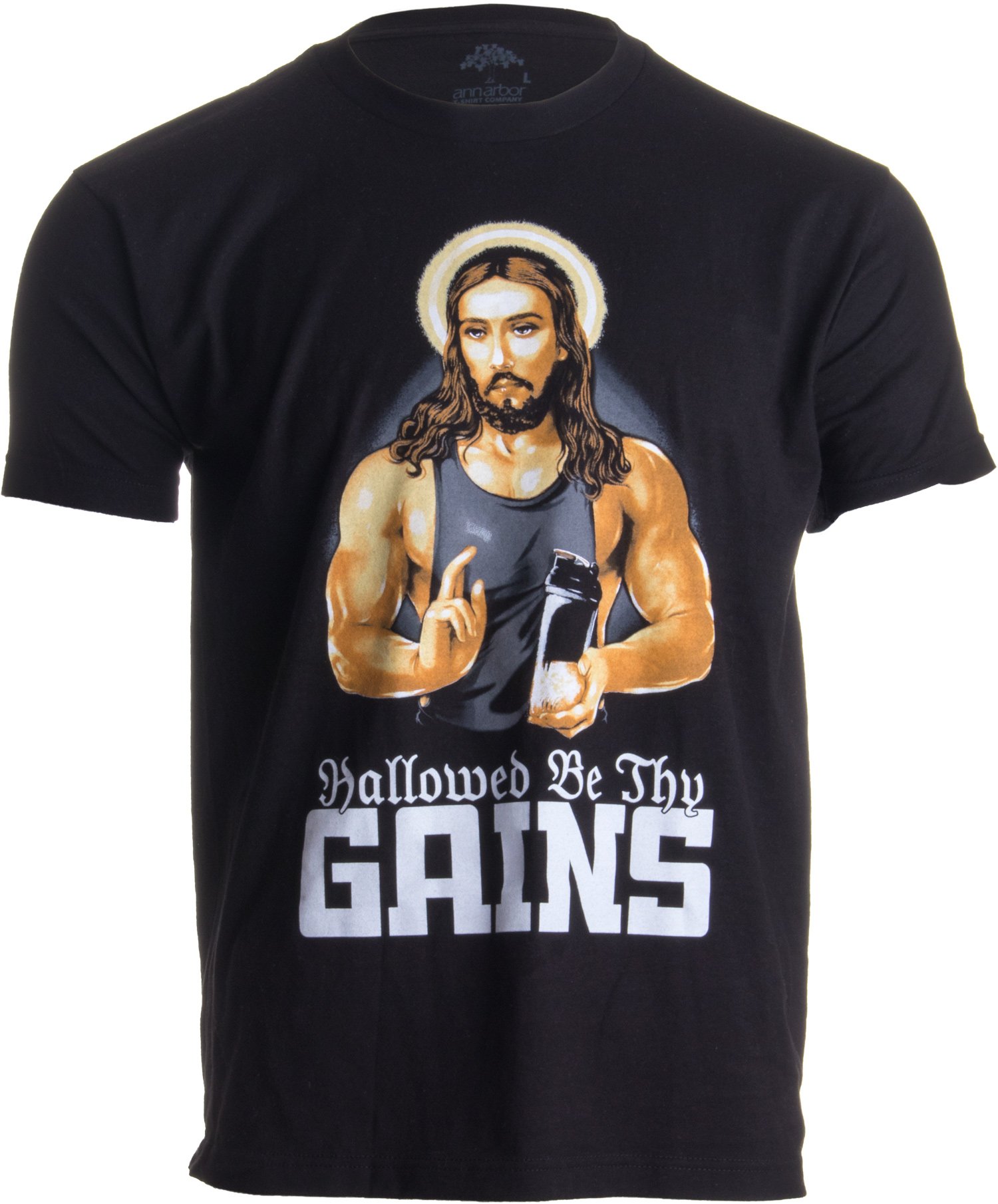 Ann Arbor T-shirt Co. Men's Hallowed Be Thy Gains Funny Muscle Jesus Weight Lifting Work Out Humor T-Shirt