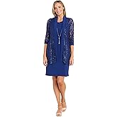R&M Richards Women's 2-Piece Embellished Sequin Lace Jacket Dress W/Attached Necklace | Knee Length Evening Cocktail Outfit