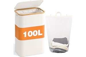 BATHOLA Laundry Hamper With Lid, 100L Tall Laundry Basket with Bamboo Handles Dirty Clothes Hamper with Inner Bag for Bedroom and Bathroom, Beige