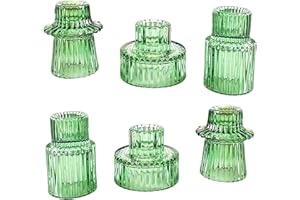 Ni-JASW Green Ribbed Glass Taper Candle Holders, Candlestick Tea Votive Candle Holders for Table Centerpiece Wedding Decor, Set of 6