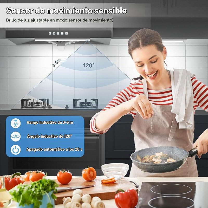 Luz LED Armario con Sensor de Movimiento, 43CM Regulable Luz LED Adhesiva con 3 Color Modos, 2500 mAh USB Recargable Luz Nocturna para Cocina, Armario, Escaleras, Pasillo, Garaje-2 Piezas