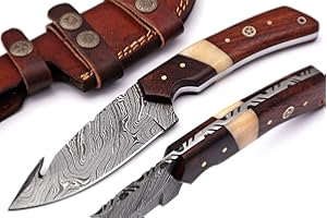 Grace Knives Hunting Damascus Steel Handmade Knife Fix Blade Gut Hook Knife 9 Inches with Leather Sheath G-1083 Wood