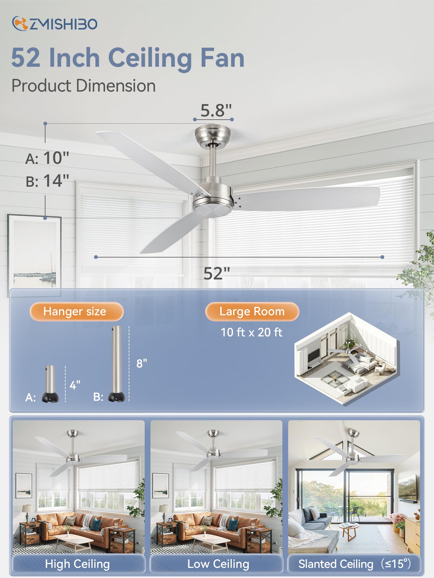 ZMISHIBO 52 Inch Ceiling Fan with Remote No