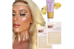 YOSOMK Gold Body Glitter Gel & 2 Sheets Face Gems Rhinestones Set, Face Glitter Makeup & Hair Jewels Stick on, Holographic Hair Glitter Eye Gems,Chunky Glitter Face Jewels for Makeup Festival