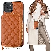 Bocasal Crossbody Wallet Case for iPhone 14, RFID Blocking PU Leather Zipper Handbag Purse Flip Cover, Kickstand Folio Case with Card Slots Holder Wrist Strap Lanyard 5G 6.1 Inch (Brown)